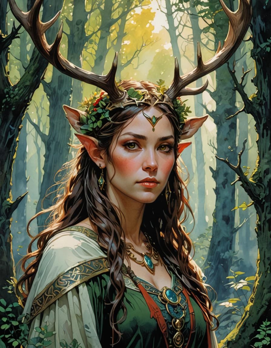 Elven Druid Portrait in Watercolor Art Style