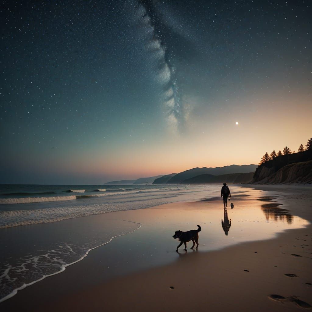 foot prints and paw prints trailing person and dog along a sandy beach.  Waves lapping against the shore, moonlight glis...