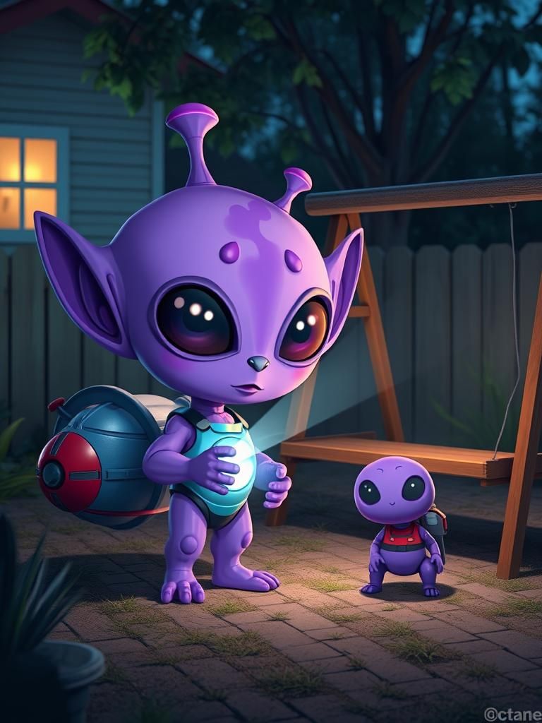 Adorable Chibi Alien Exploring Earth in Backyard