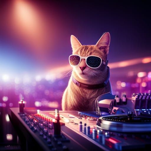 Hyperrealistic Cat DJ in Nightclub