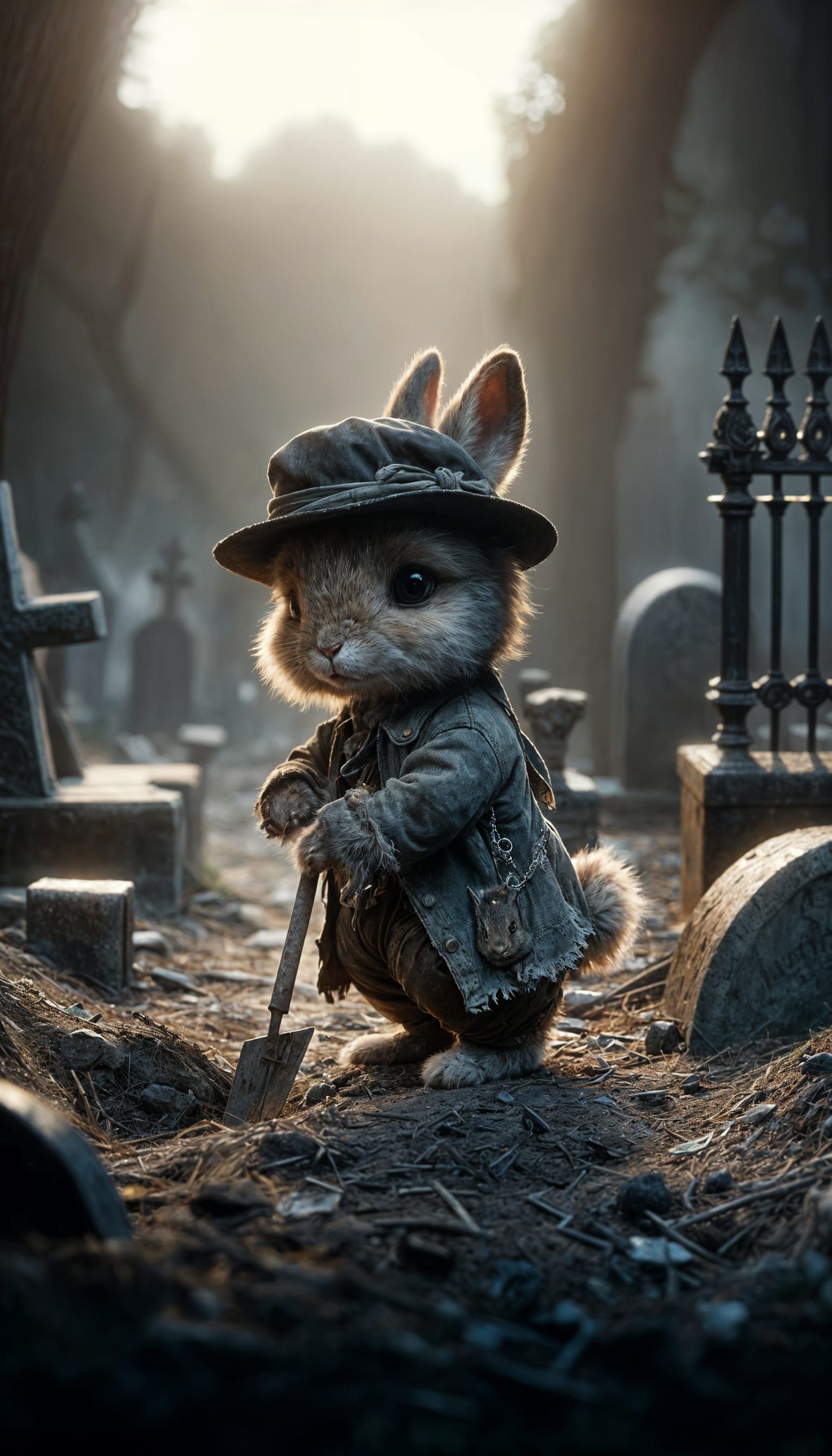 Rabbit Gravedigger in Cemetery as Oil Painting