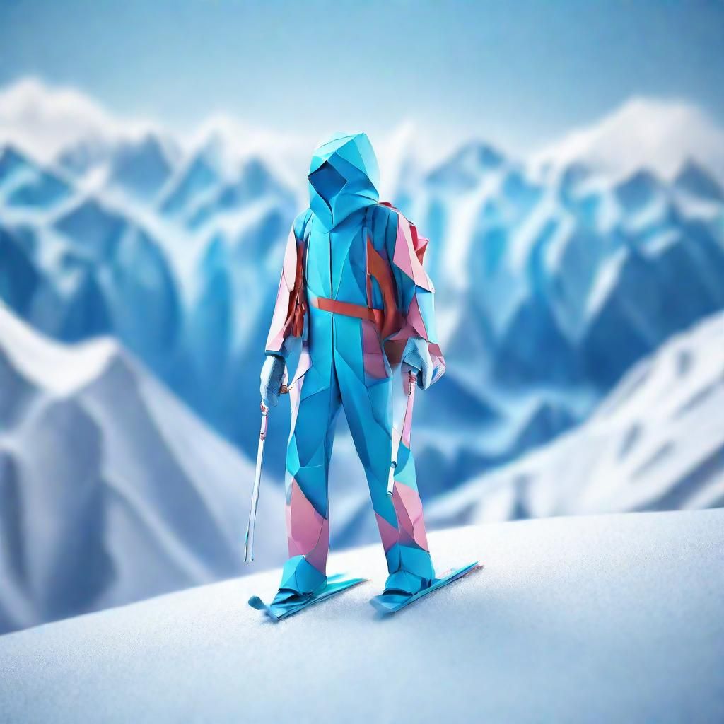 Origami Skier on Snowy Mountain: Digital Art