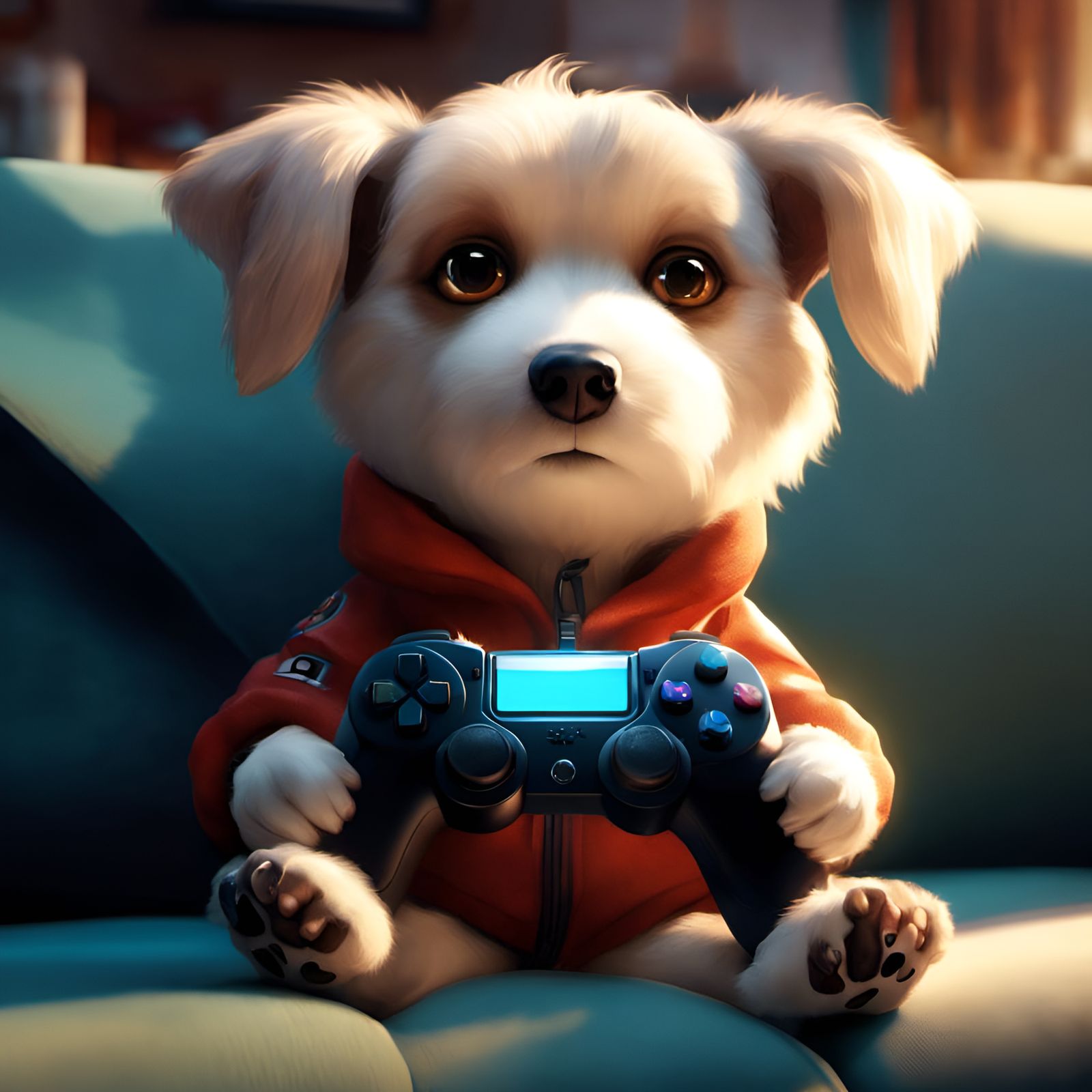 Chibi Dog Gamer on Couch in Detailed 3D