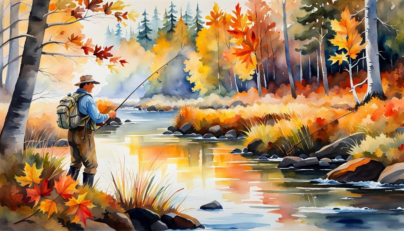 Watercolor Man Fly Fishing at Dawn