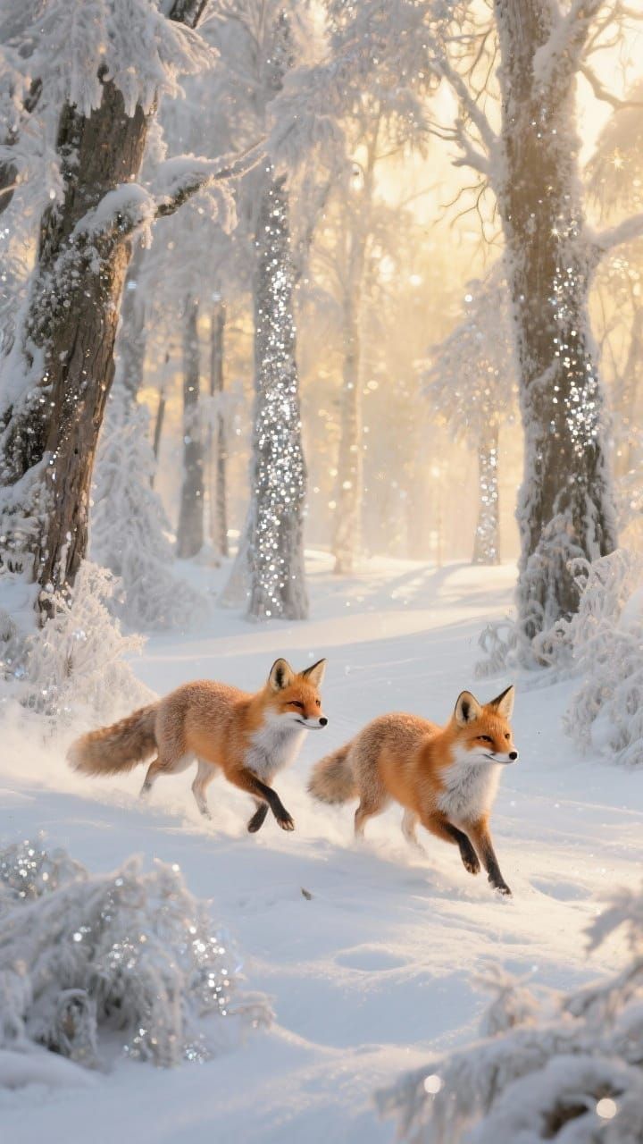 Enchanting Foxes in Glittering Winter Forest