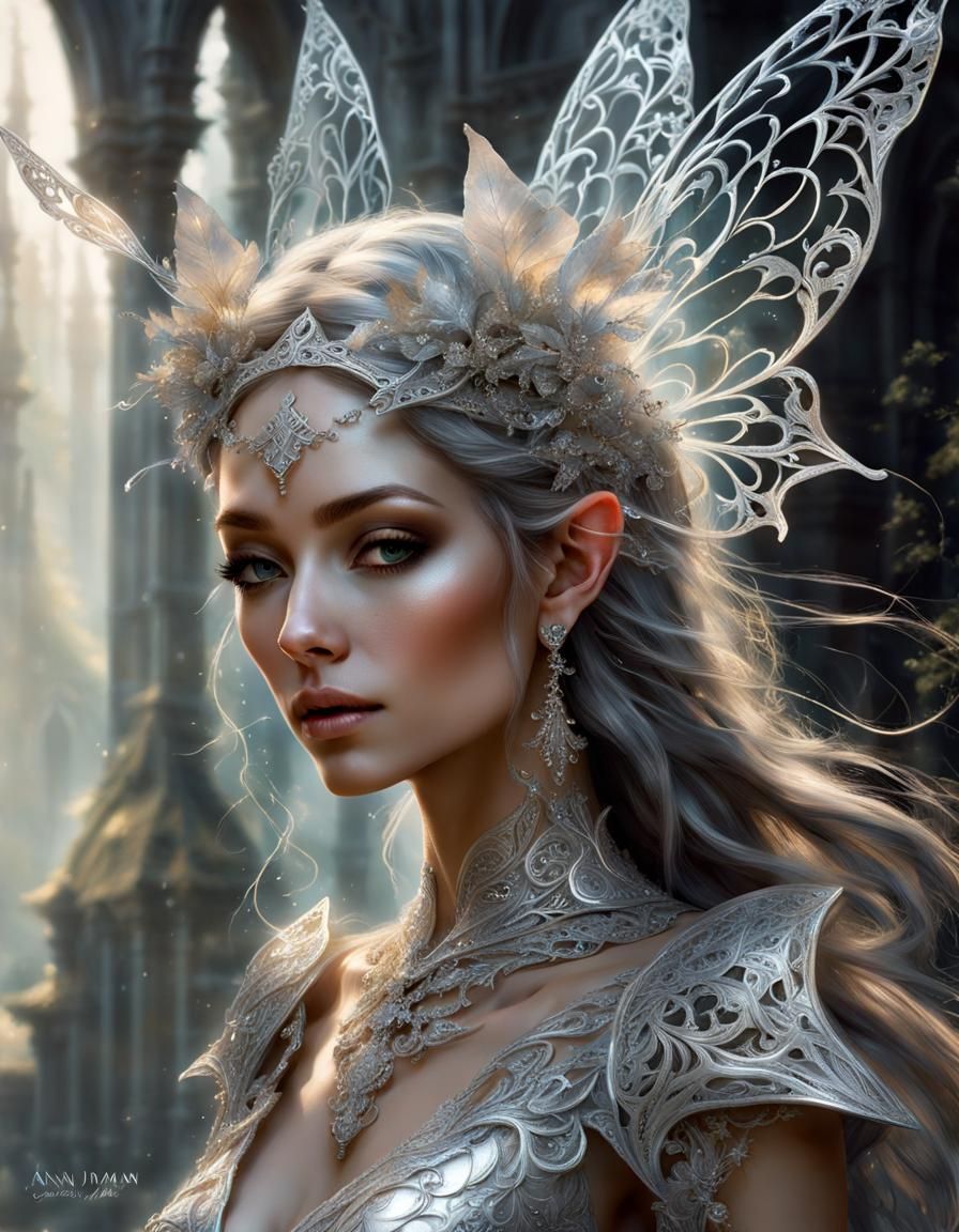 Whimsical Silver Fairy in Fractal Armor