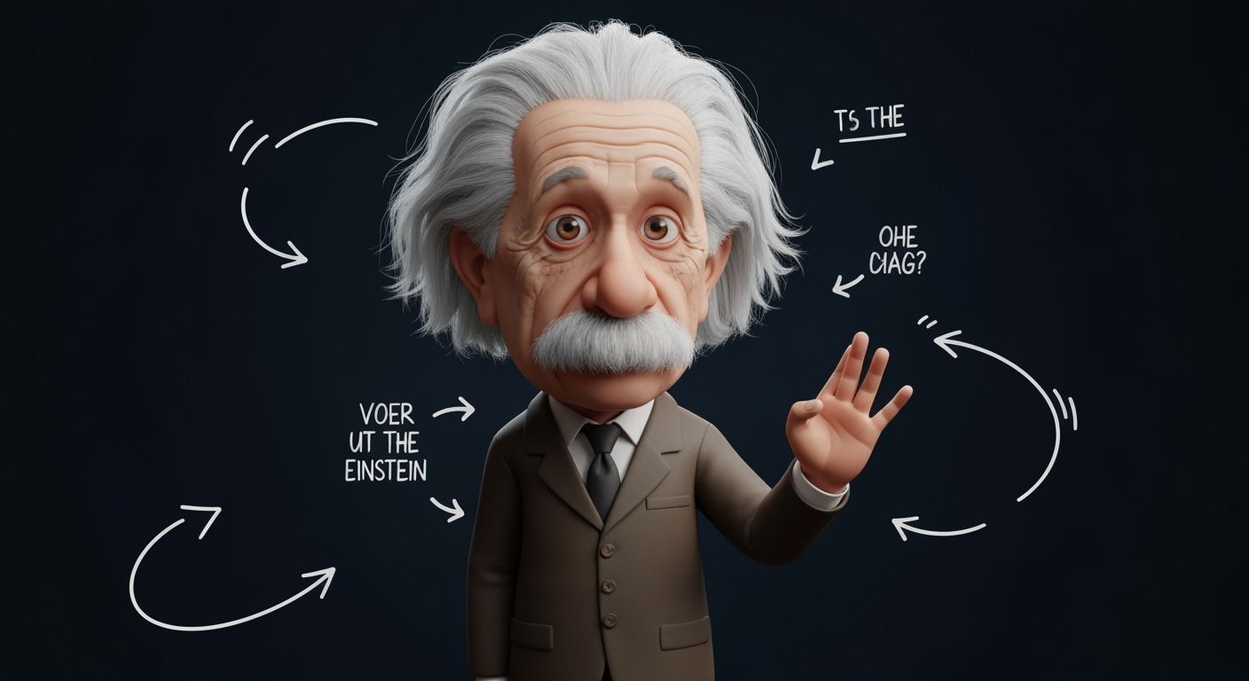 Albert Einstein 3D Toon Caricature With Inner Thoughts