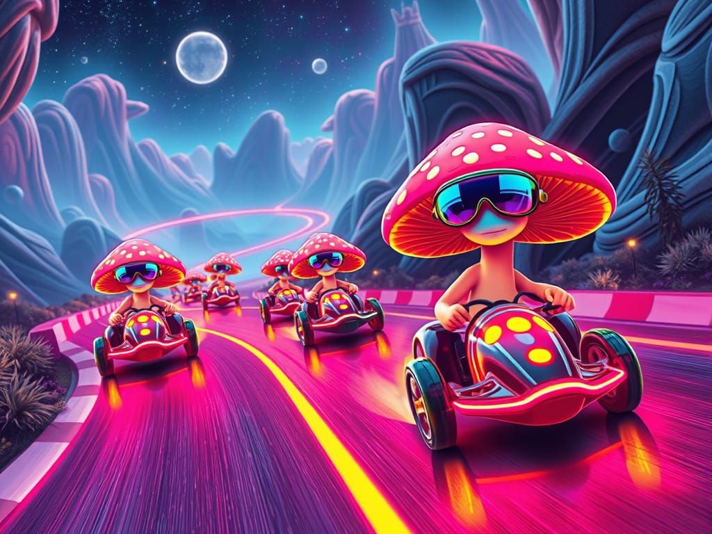 Mushroom Racers on Neon Track in Futuristic Style