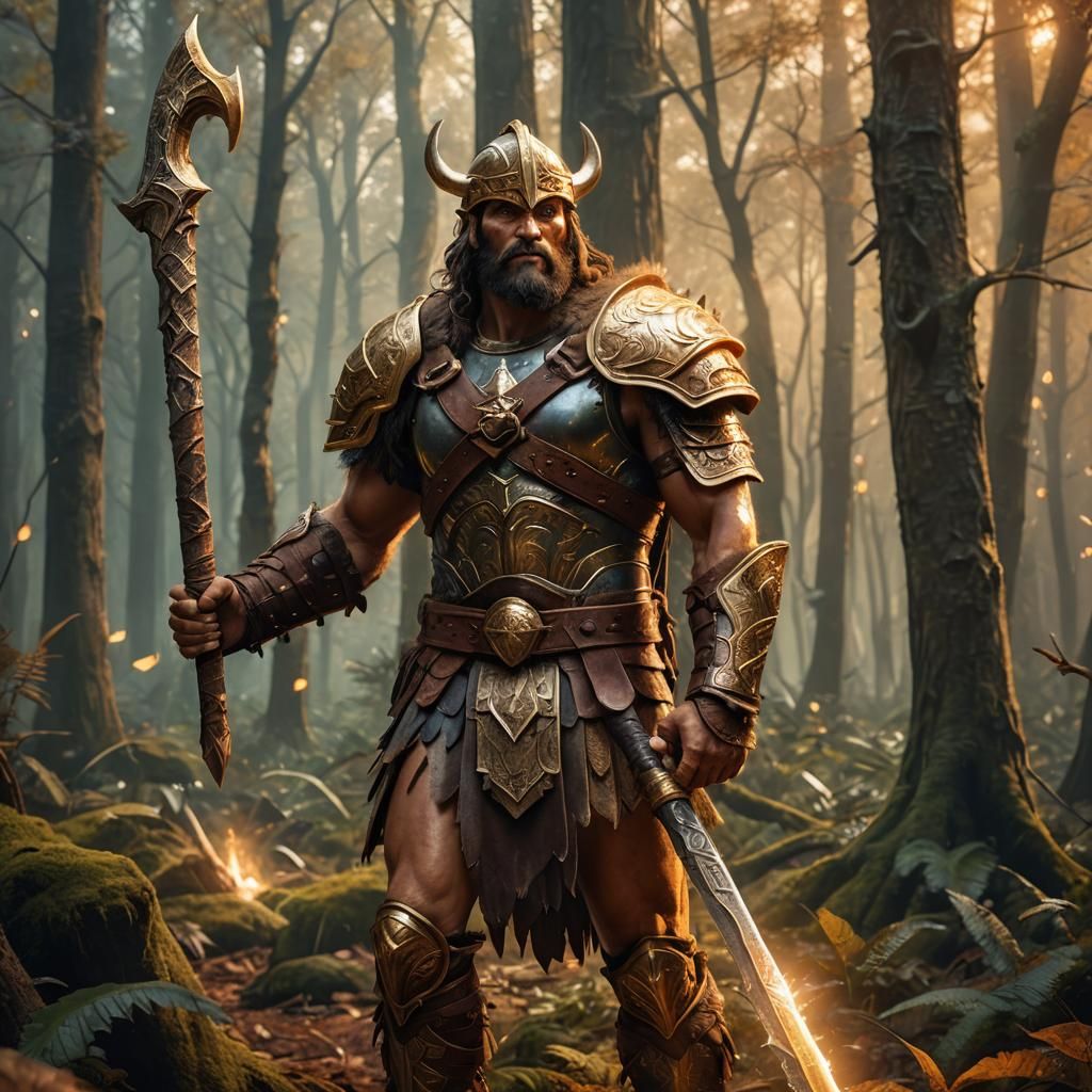 Barbarian Warrior with Golden Axe in Mystical Forest