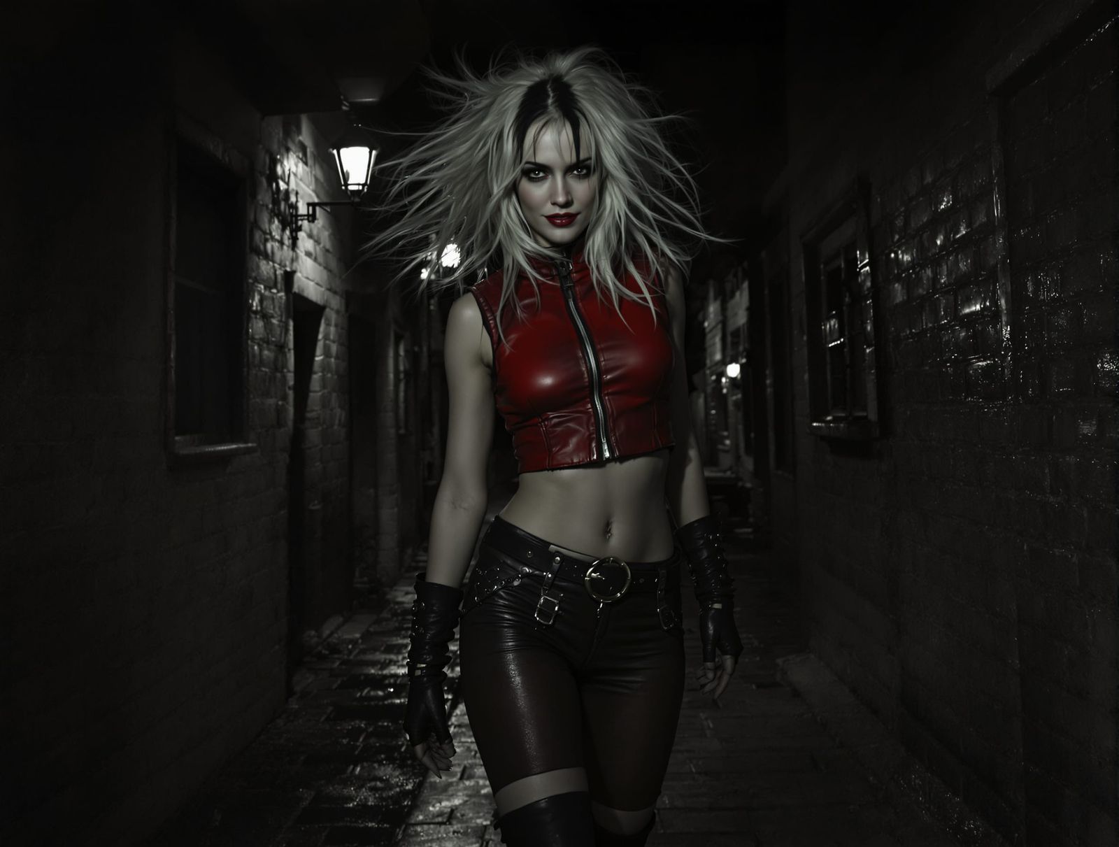 Windswept Woman in Dark Alley, Moody Charcoal Art