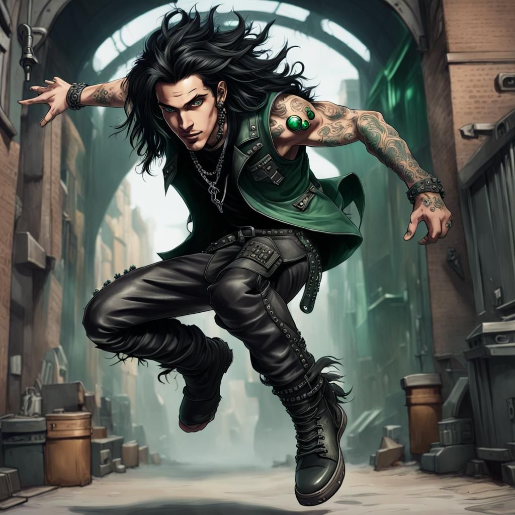 Dark Punk Artificer Jumps in Forest: Fantasy Art