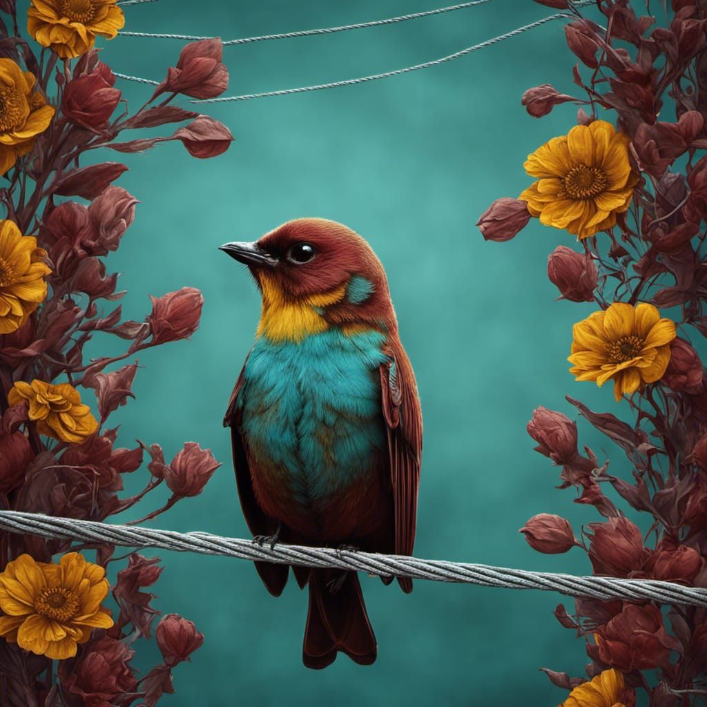 Illustration of Bird on Line with Bat and Flowers