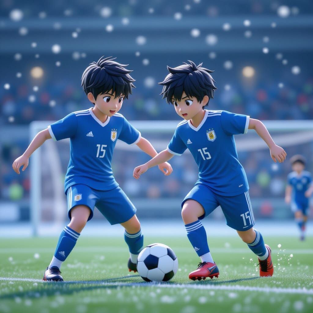 Anime Boys Play Soccer on Snowy Field in 3D Art