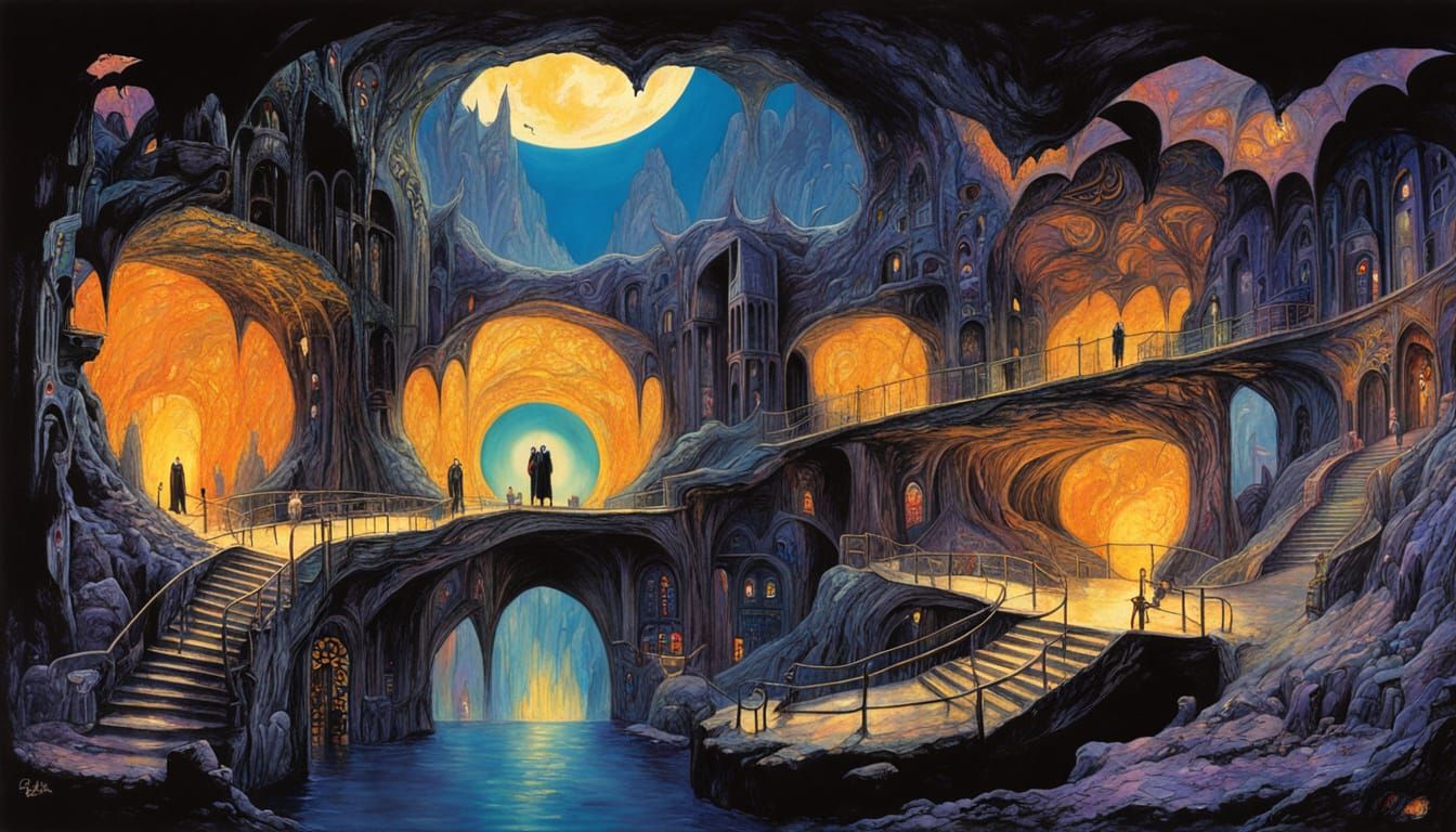 The Bat Cave: Intricate Art Nouveau and Surreal Landscape