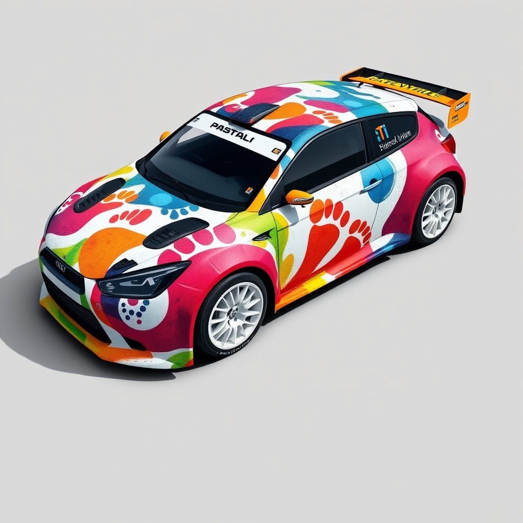 Rally car wrapped in "footprints" artwork