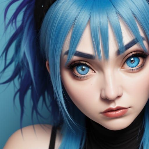 Intense Portrait of Blue-Haired Woman with Manic Eyes