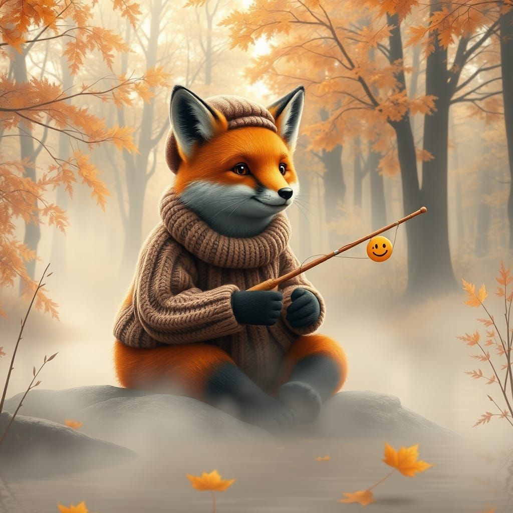 Charming Fox in Casual Attire, Fishing by Serene Lake