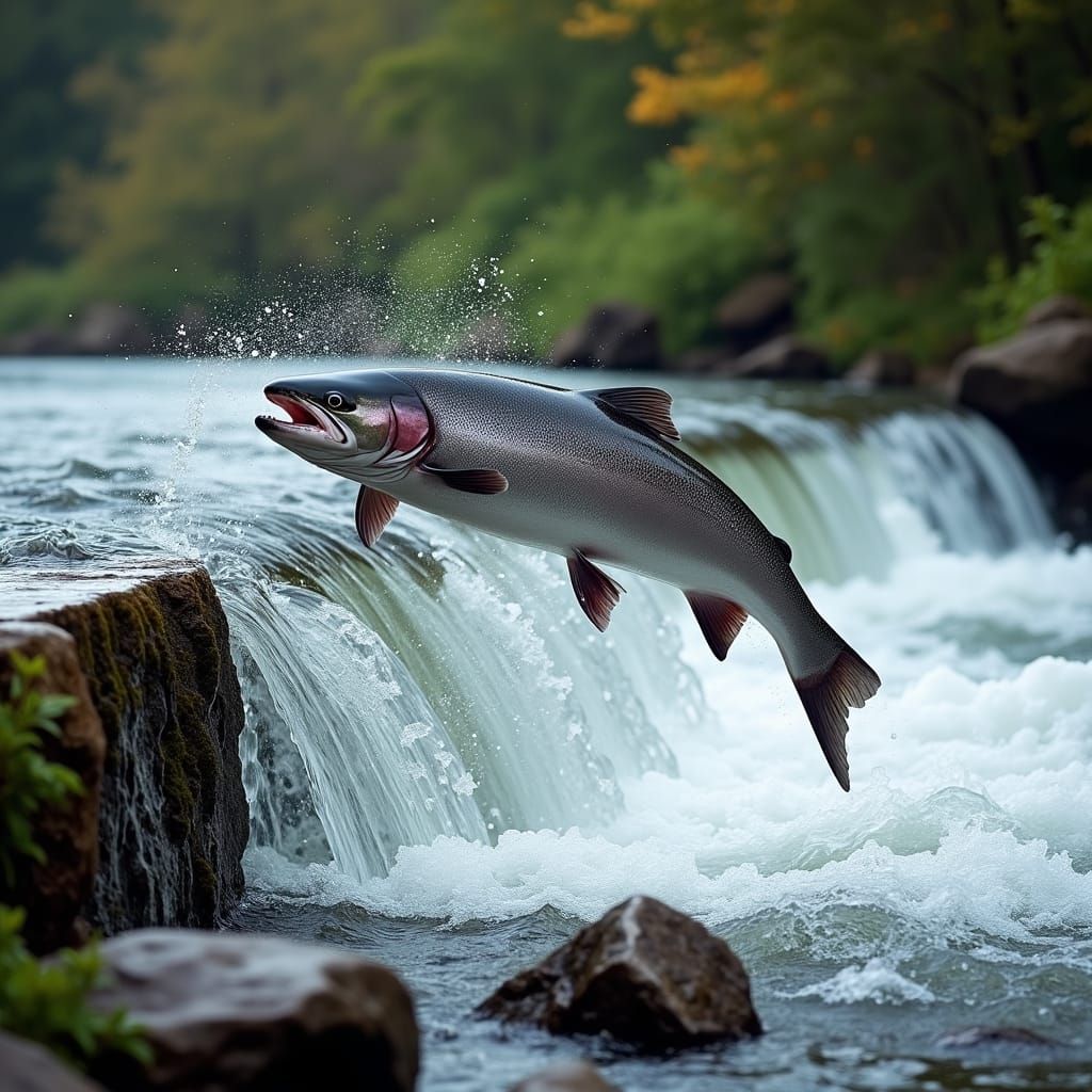 Salmon Leaping Up Weir in Dynamic Scene