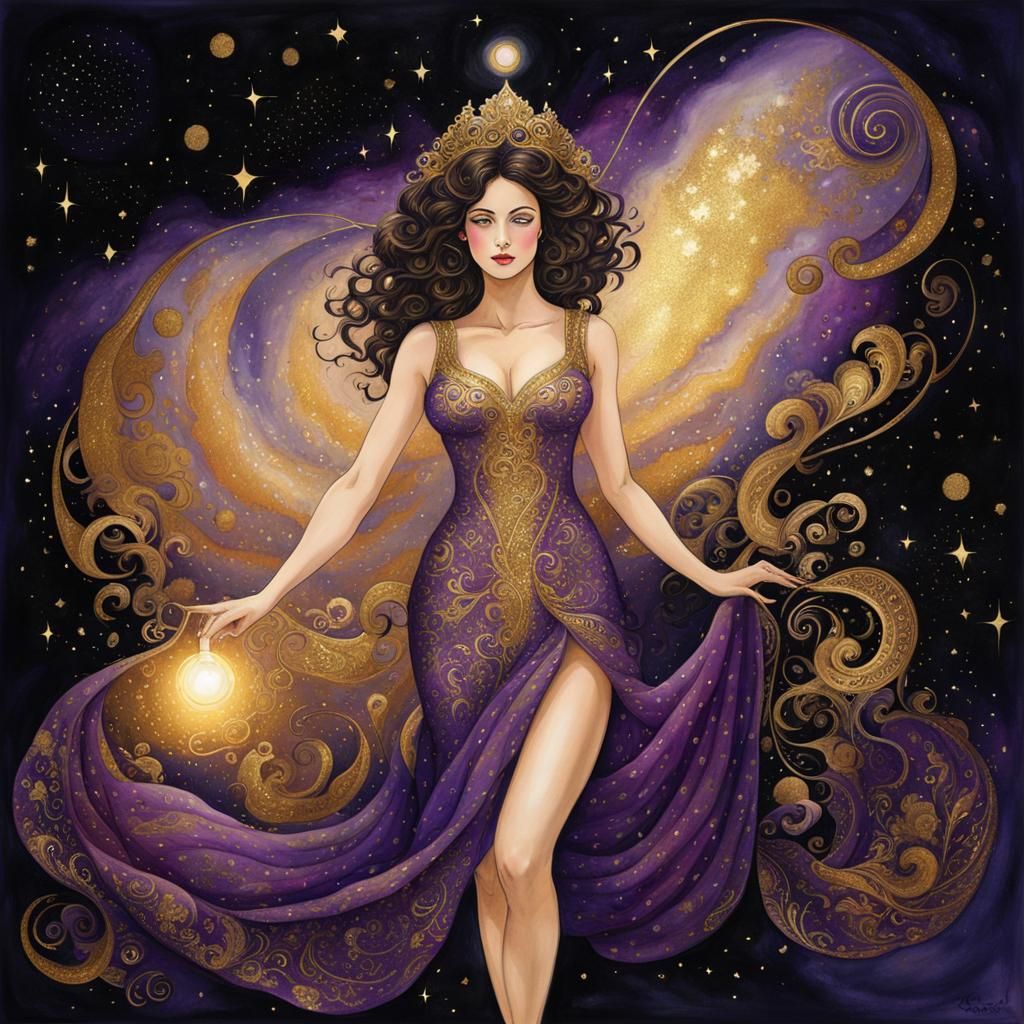 Beautiful female Magician brunette in gold and  purple