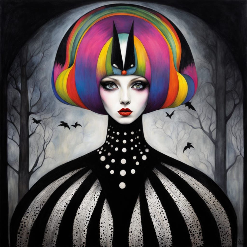 Vibrant Whimsical Queen in Necropunk Geometric Dreamscape