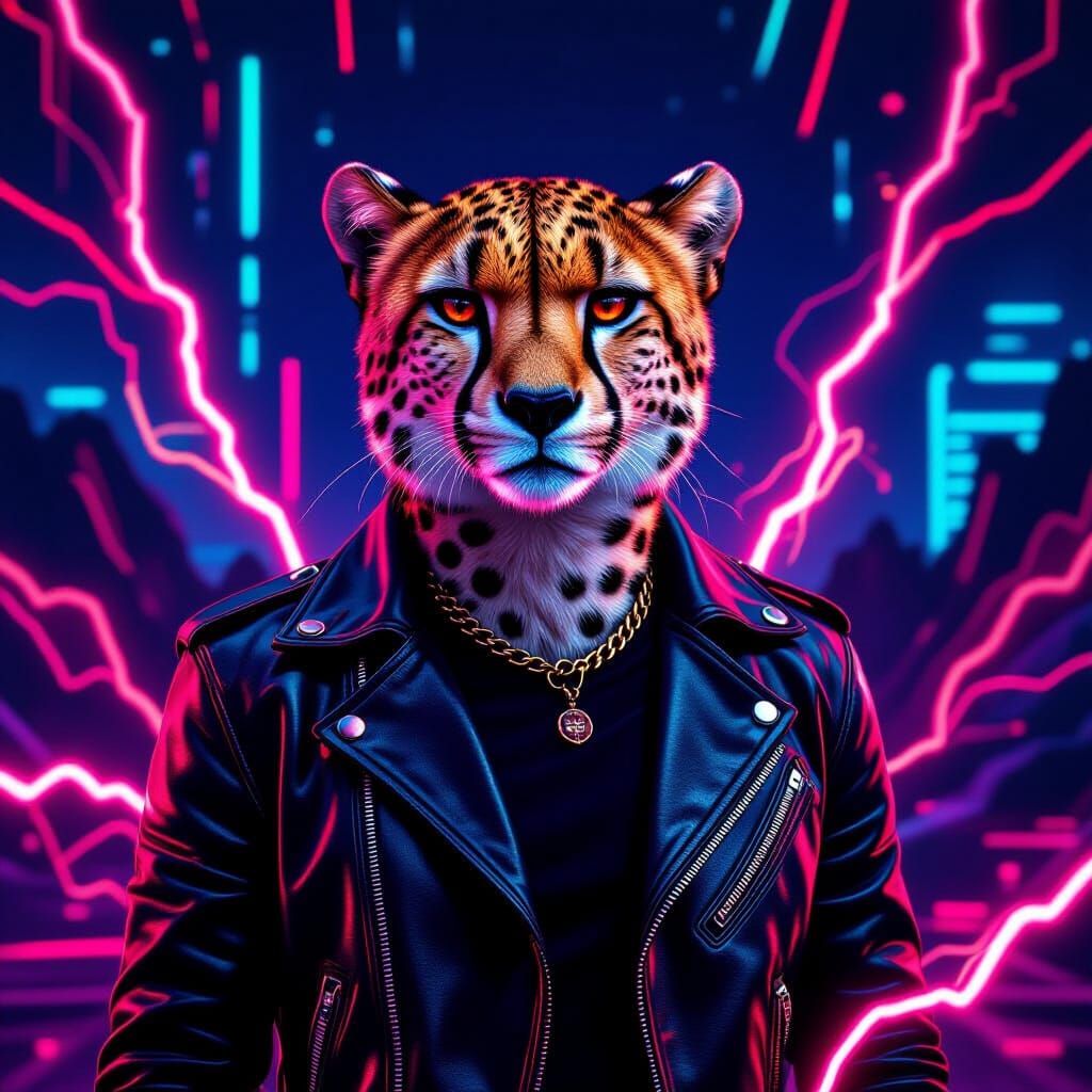 Cheetah Surrounded by Red Electricity in Synthwave Style