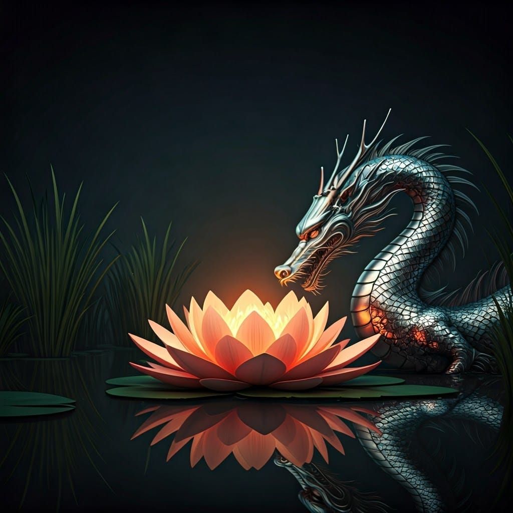Sleek Dragon Adorns Lotus in Modern Art Deco Style