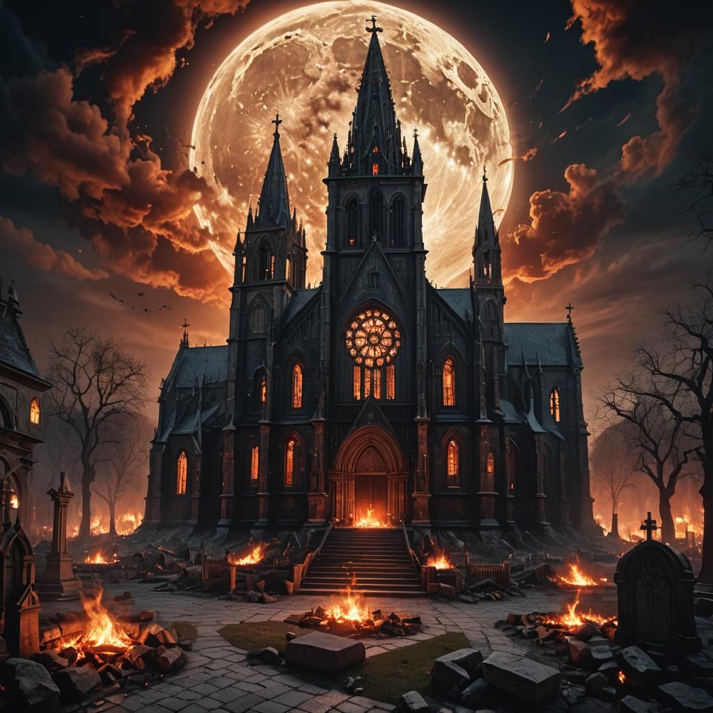Gothic Church Engulfed in Flames Under Moonlight