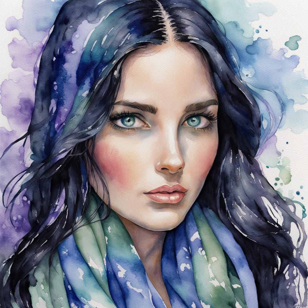 Captivating Woman in Watercolor Tie-Dye Scarf