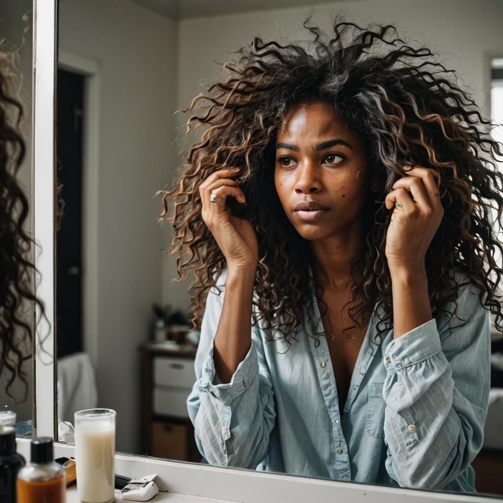 Portrait of a young black woman waking up with her long friz...