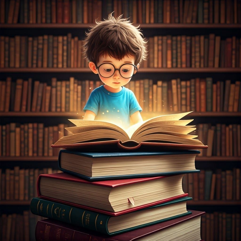 Whimsical Boy Reads in a Cozy Library