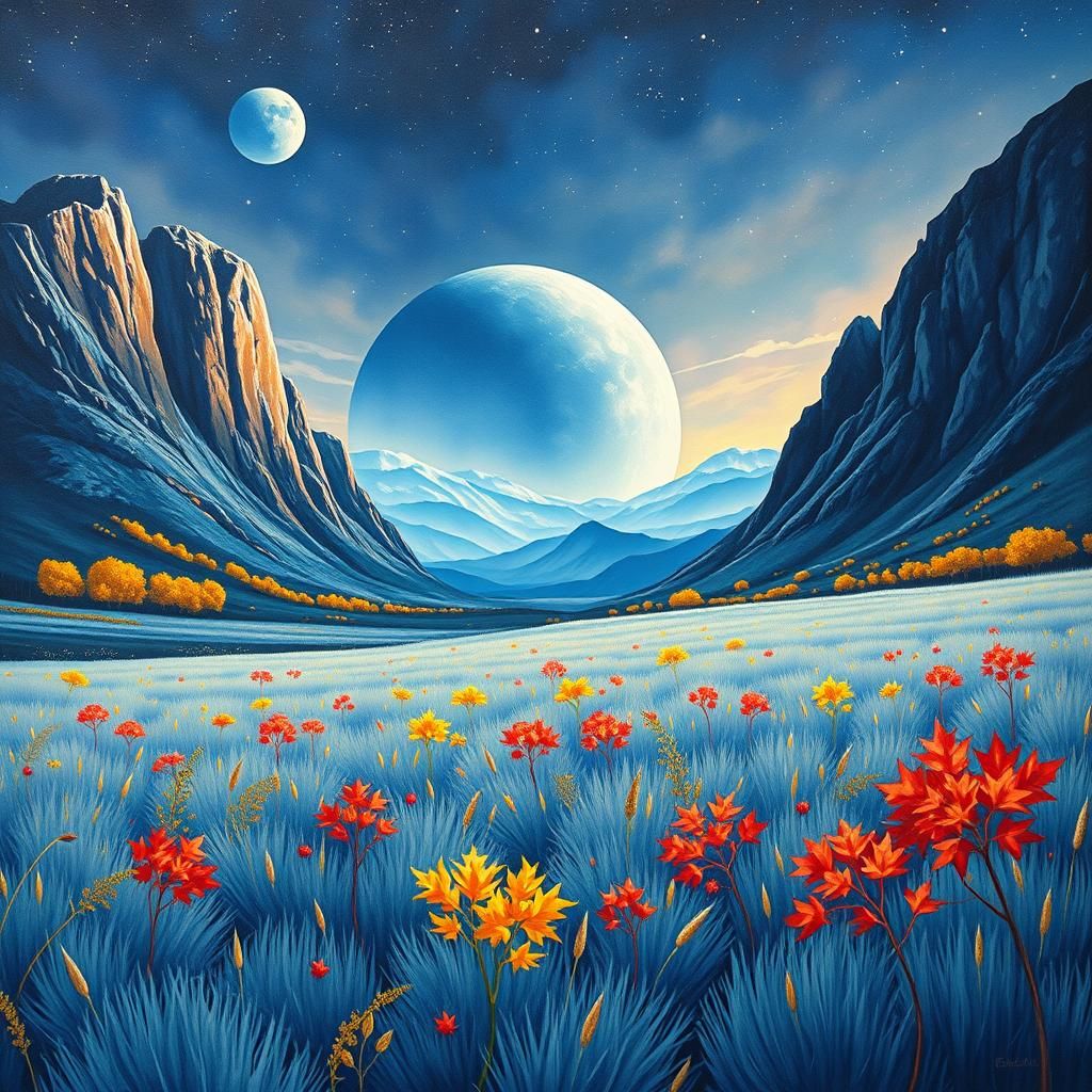 Alien Valley: Gouache Painting of Blue Grass Field