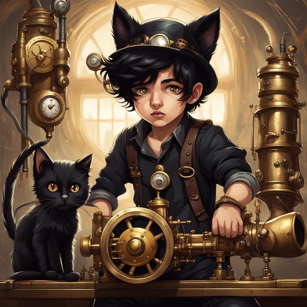 Steampunk Cat Boy Playing with Bat