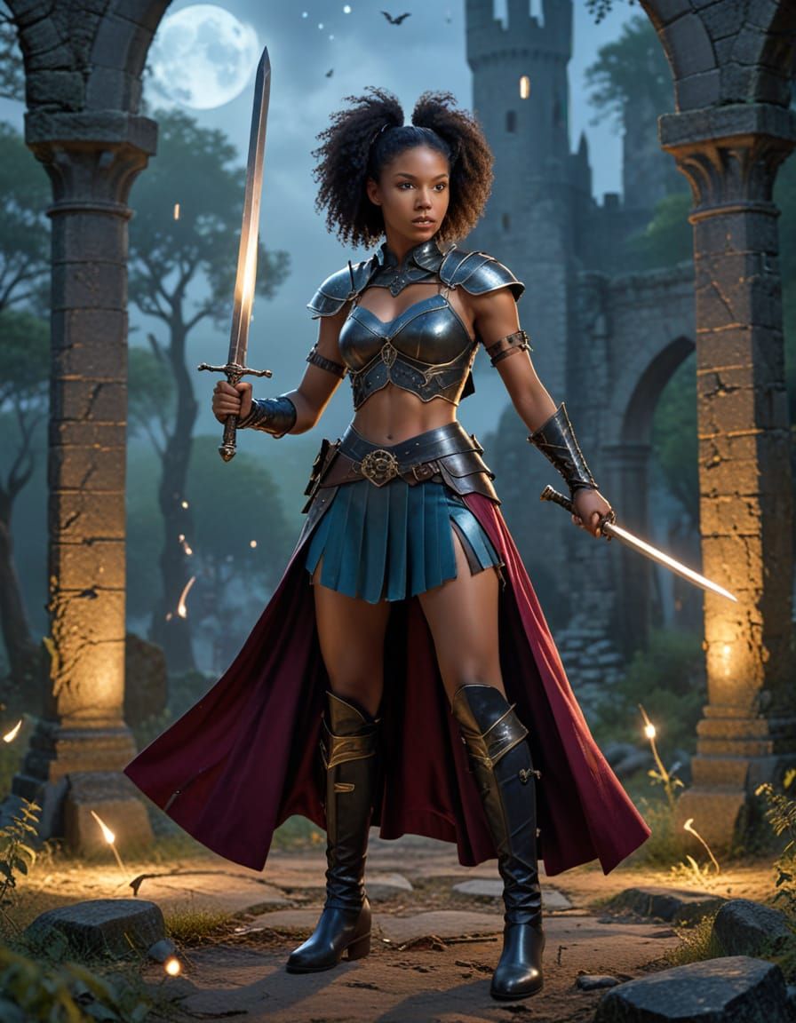 Black Woman Warrior in Forest Ruins with Sword