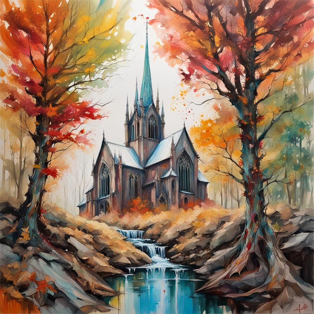 Autumn Cathedral: Oil and Gouache Landscape