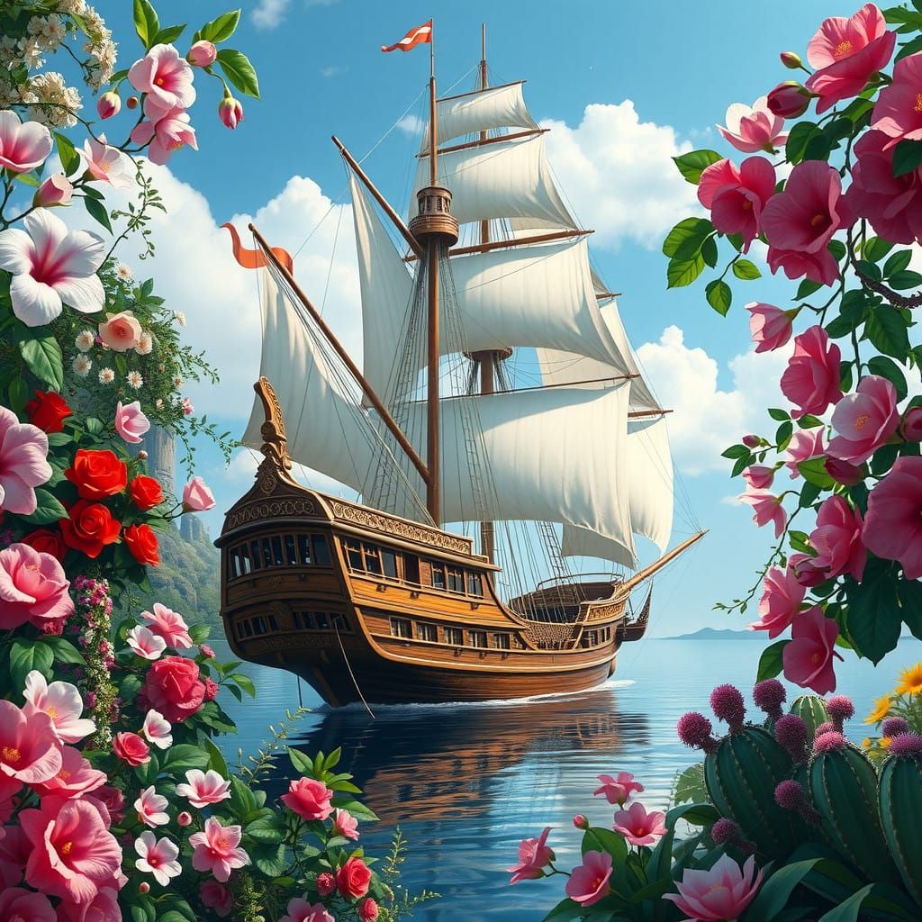 Surreal Oasis Awaits on Majestic Sea Ship Amidst Exotic Flor...