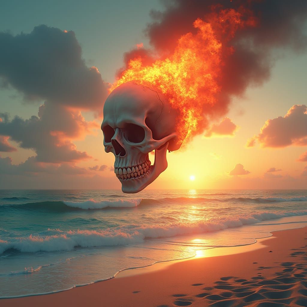 Ethereal Flaming Skull on a Beach at Sunset