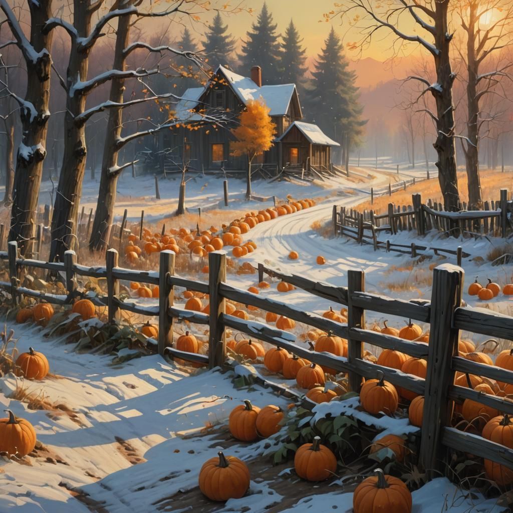 Snowy Pumpkins: A Vibrant Oil Painting