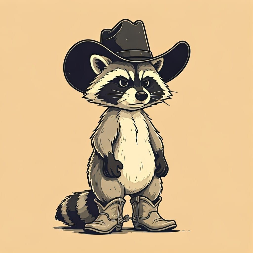 Whimsical Cartoon Raccoon in Cowboy Hat