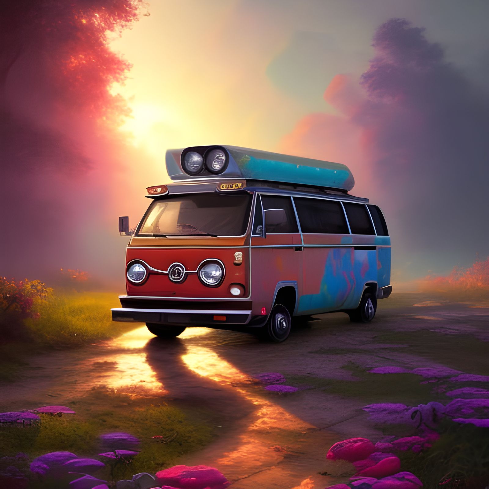 Flowery 70s Hippie Van in Golden Light