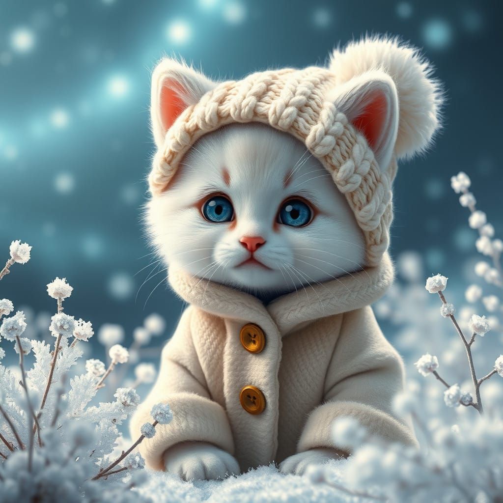 A Cherubic Kitten Radiates Whimsy in a Frost-Bitten Wonderla...