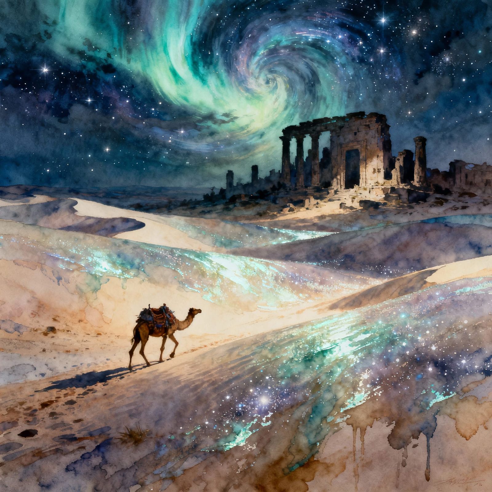 Camel Caravan Under Starry Aurora Sky in Desert Ruins
