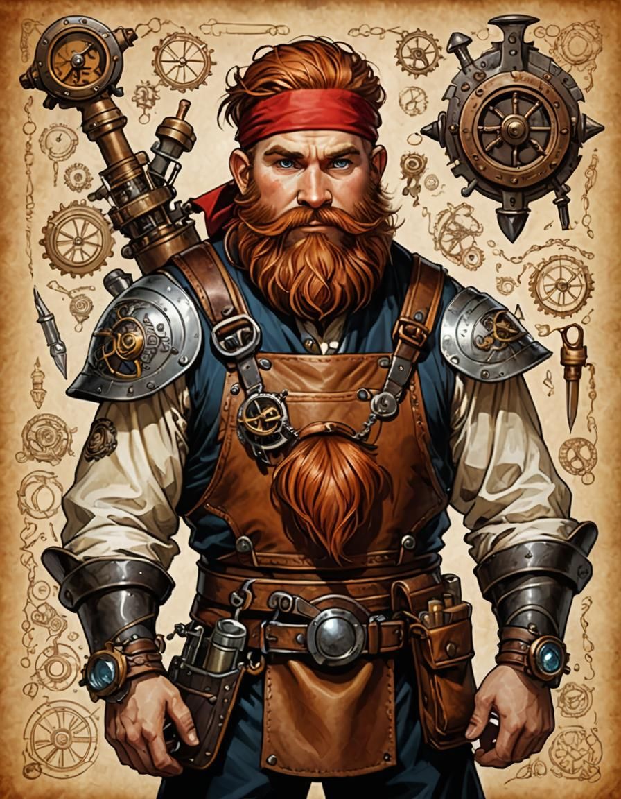 Dwarf Artificer with Clockwork Arm in Da Vinci Style