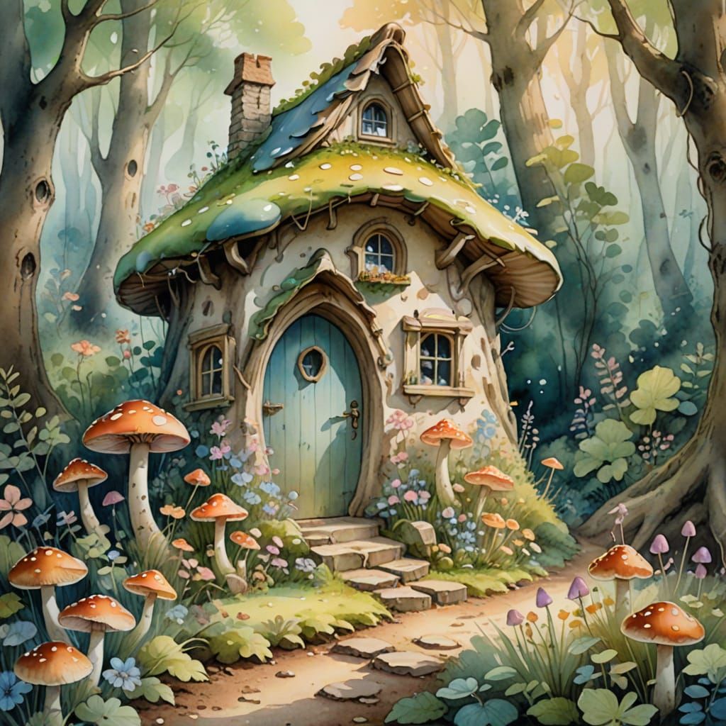 Whimsical Fairy Cottage in Forest Clearing