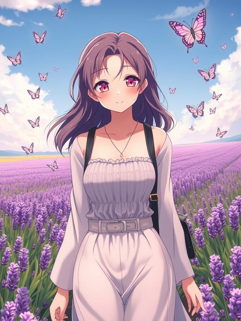 Anime Woman in Lavender Field with Butterflies