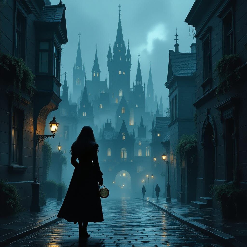 Gothic City Woman With Pocket Watch in Moody Lighting