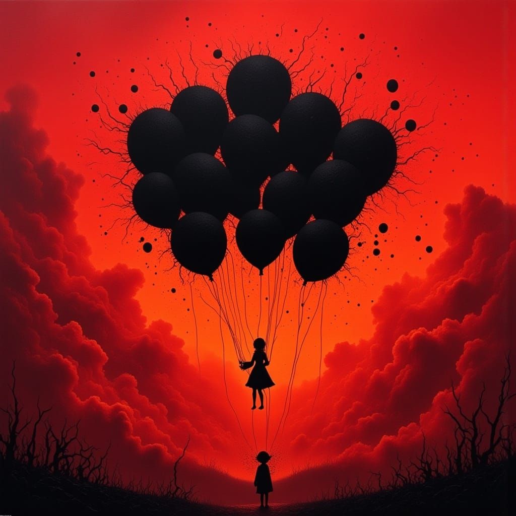 Surreal Black Balloons Adrift in a Crimson Inferno