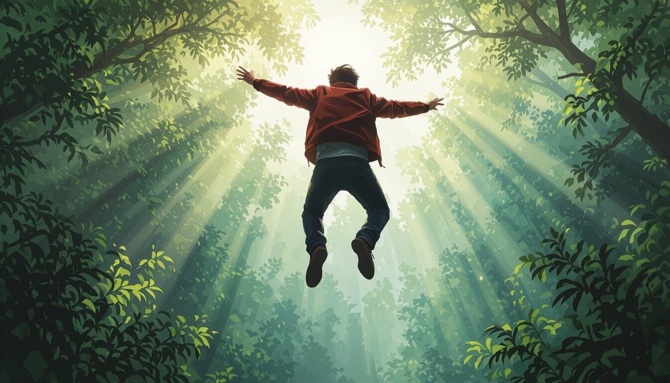 Man Falling Through Lush Forest Canopy in Digital Oil Painti...