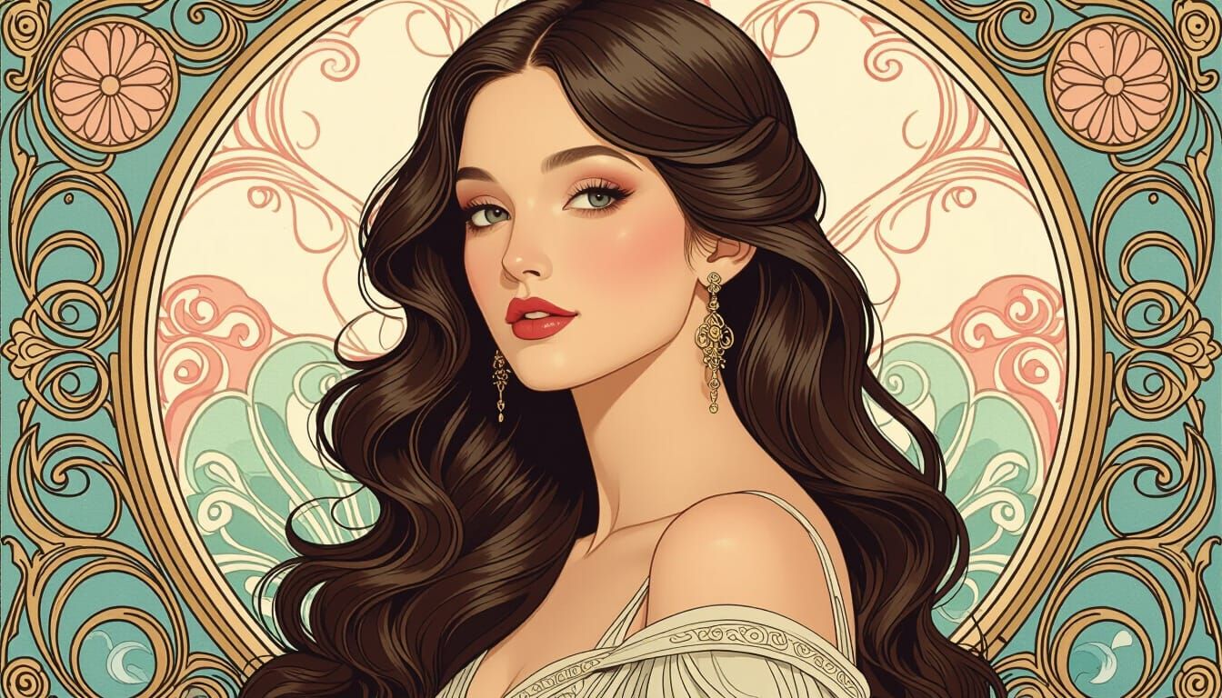 Elegant Woman with Flowing Hair in Art Nouveau Style