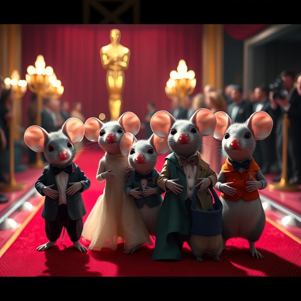 Red Carpet Mice Steal the Show in Vibrant Fantasy Portrait