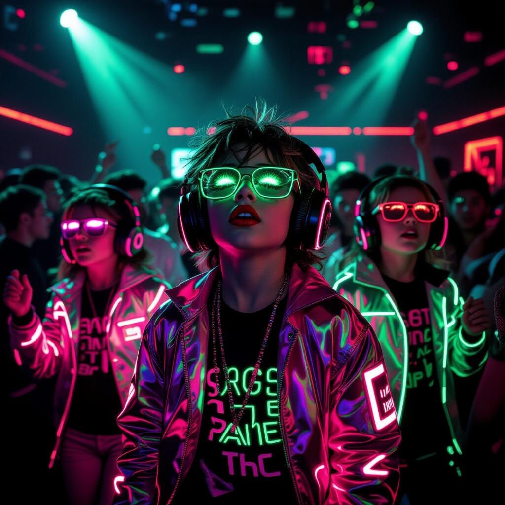 Neon Rave Dance Party in Cyberpunk Style